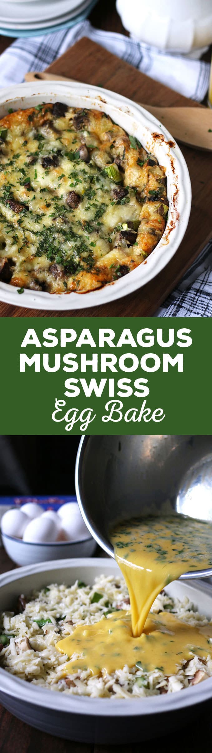 This asparagus mushroom swiss egg bake is perfect for brunch or breakfast! It can be prepared overnight and most of the cooking is done in the oven. Consider making this easy recipe your go to Mother's Day recipe! | honeyandbirch.com