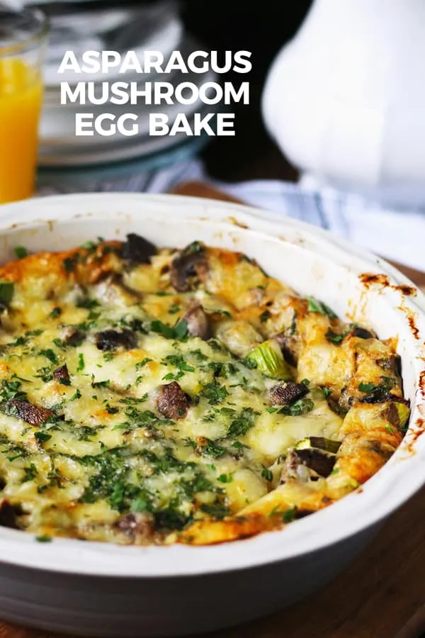 This asparagus mushroom swiss egg bake is perfect for brunch or breakfast! It can be prepared overnight and most of the cooking is done in the oven. Consider making this easy recipe your go to Mother's Day recipe! | honeyandbirch.com