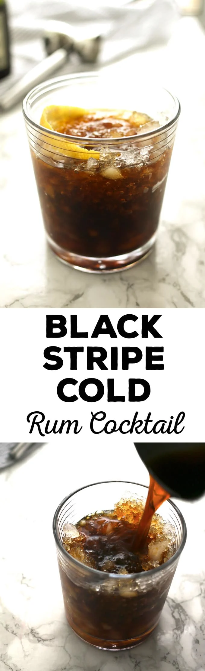 The black stripe cold rum cocktail is a fantastic drink with a surprise ingredient - molasses! If you are looking for something sweeter, add honey; if not, just enjoy the molasses and dark rum all on their own over crushed ice. | honeyandbirch.com
