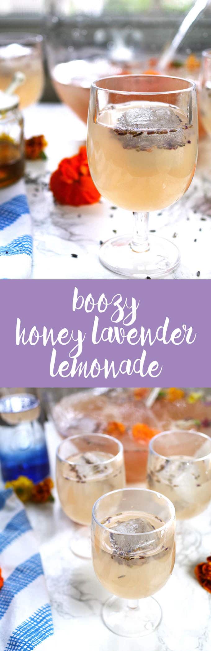 This boozy honey lavender lemonade is a great drink for brunches. It is also the PERFECT punch for spring and summer bridal or baby showers. | honeyandbirch.com