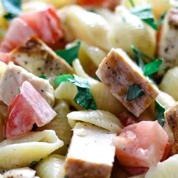 close up photo of grilled chicken ranch salad