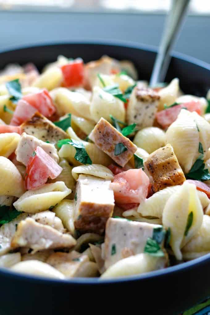 gray bowl full of ranch pasta salad