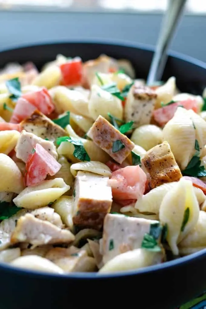 gray bowl full of ranch pasta salad
