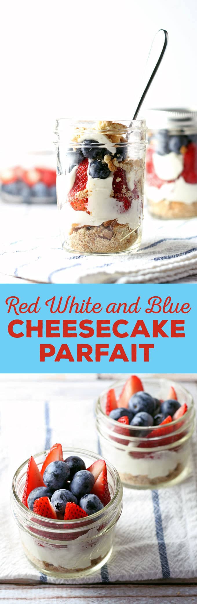 This red white and blue cheesecake parfait recipe is the perfect dessert for Memorial Day, Labor Day and Fourth of July parties! They are easy to make, full of fresh fruit and delicious! | honeyandbirch.com