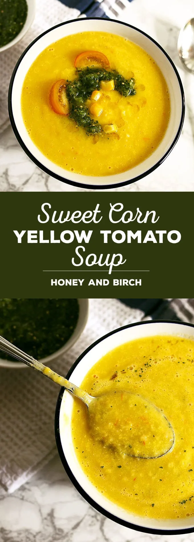 This sweet corn yellow tomato soup is a taste of pure summer and straight out of Heather Christo's book Pure Delicious. Top it with a dash of cilantro sauce and you're day will be made! | honeyandbirch.com