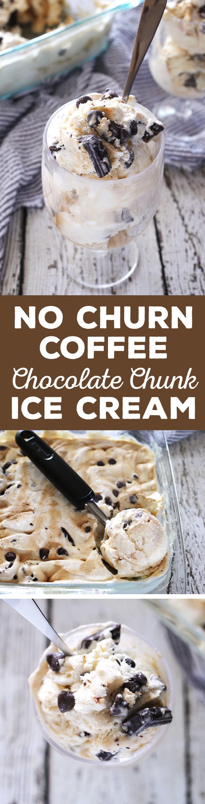 This no-churn coffee chocolate chunk ice cream is for coffee AND chocolate lovers. Coffee-infused sweetened condensed milk and a thick coffee syrup make this ice cream magical! | honeyandbirch.com