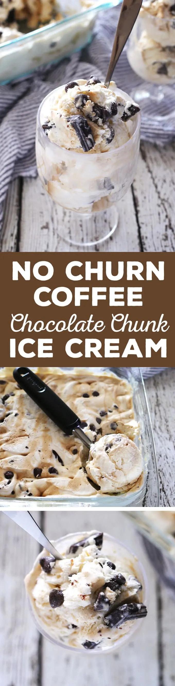 This no-churn coffee chocolate chunk ice cream is for coffee AND chocolate lovers. Coffee-infused sweetened condensed milk and a thick coffee syrup make this ice cream magical! | honeyandbirch.com