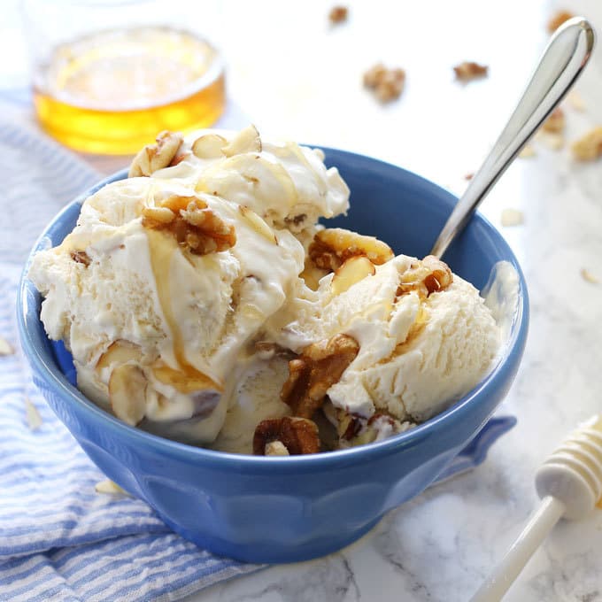 This no churn honey nut ice cream is easy to make and delicious on a hot summer day. Vanilla, almonds, walnuts and honey are perfect additions to 2-ingredient no churn ice cream! | honeyandbirch.com