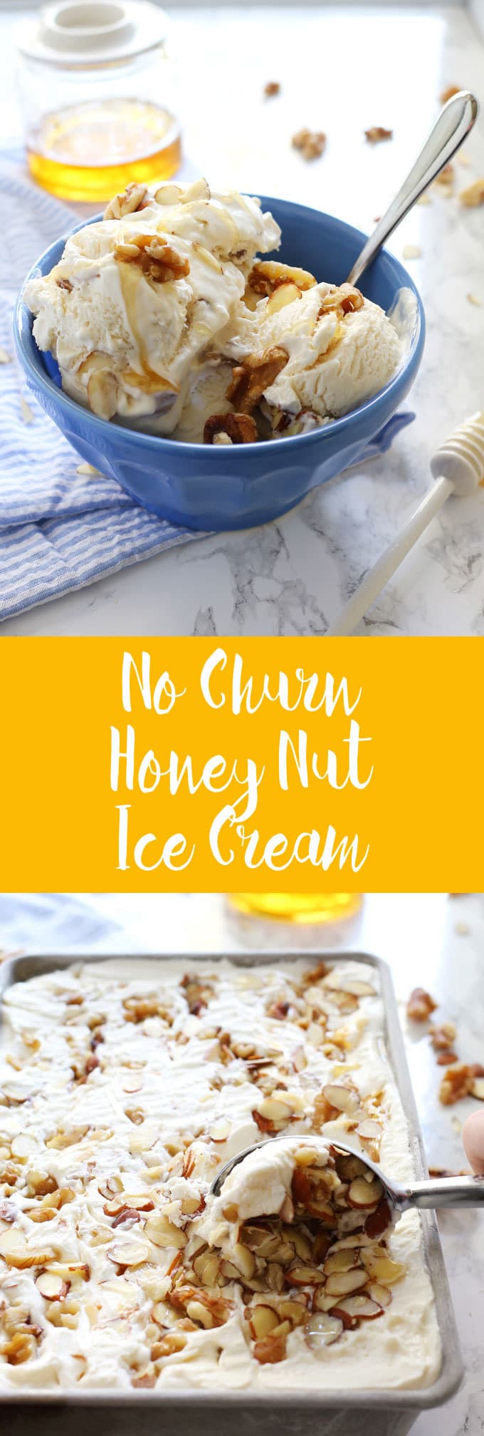 This no churn honey nut ice cream is easy to make and delicious on a hot summer day. Vanilla, almonds, walnuts and honey are perfect additions to 2-ingredient no churn ice cream! | honeyandbirch.com