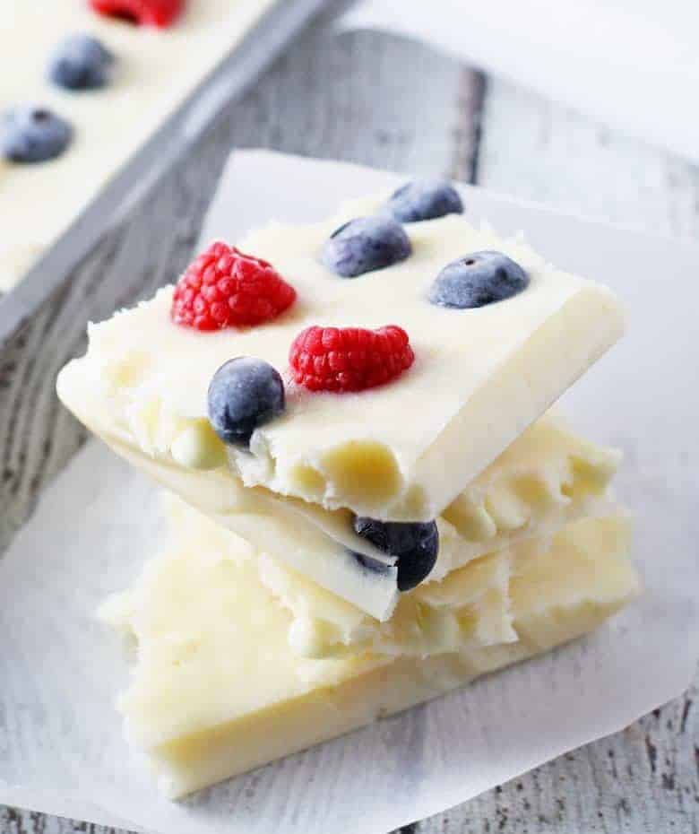 Stack of red white and blue frozen yogurt bark