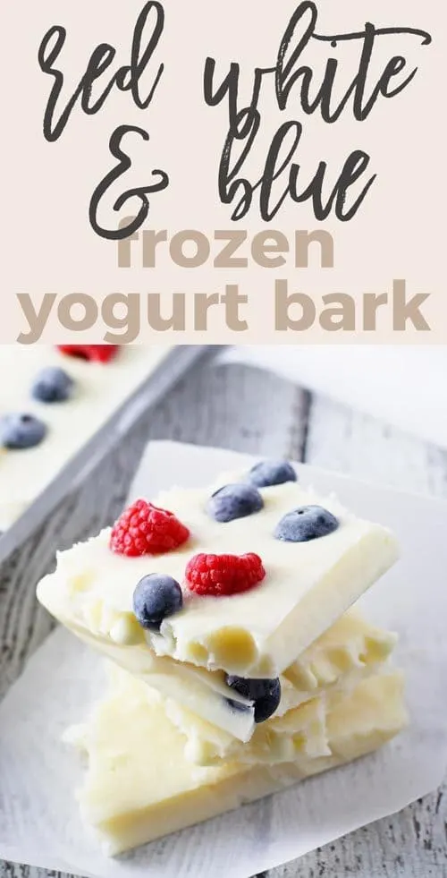 Looking for a fun patriotic dessert that is a little healthier? Try this red white and blue frozen yogurt bark. It's full of berries and sweetened with honey for a perfect holiday dessert! | honeyandbirch.com
