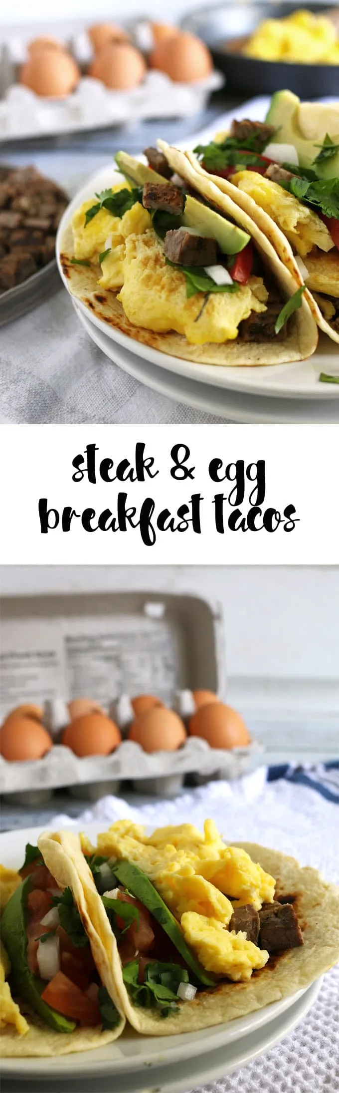 Steak and egg breakfast tacos are a great spin on a traditional diner breakfast. Add your favorite taco toppings! Also great for Father’s Day morning and steak lovers! | honeyandbirch.com