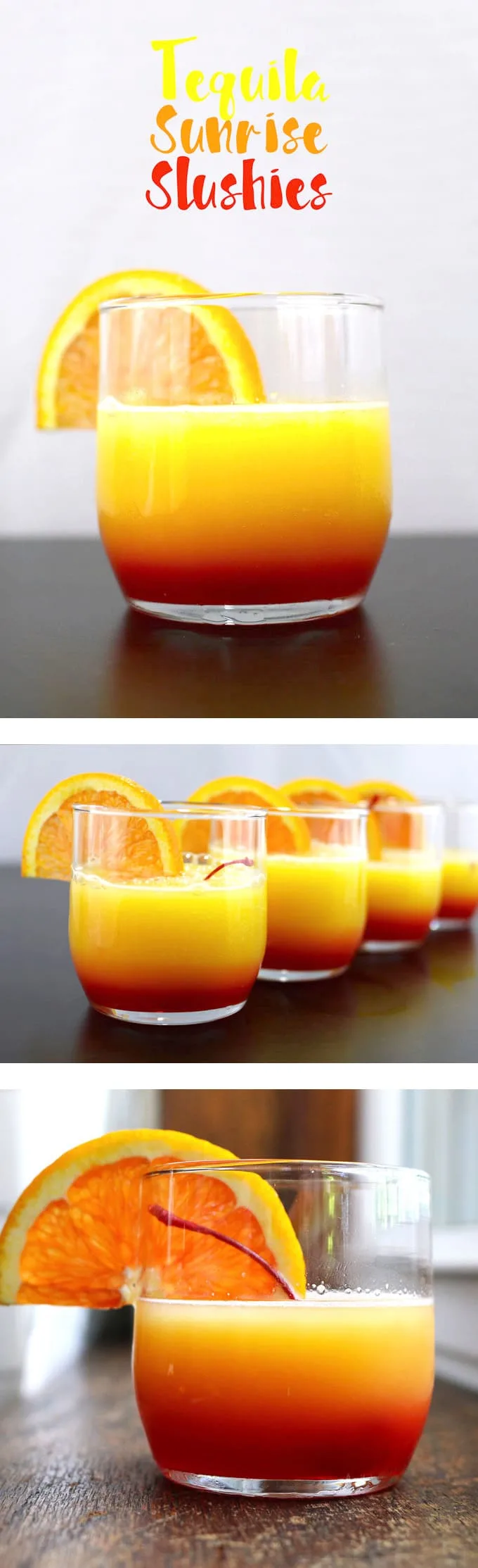 These tequila sunrise slushies are going to be your go-to summer party drink! You can easily multiply the recipe for a pitcher. Only 3 ingredients! | honeyandbirch.com