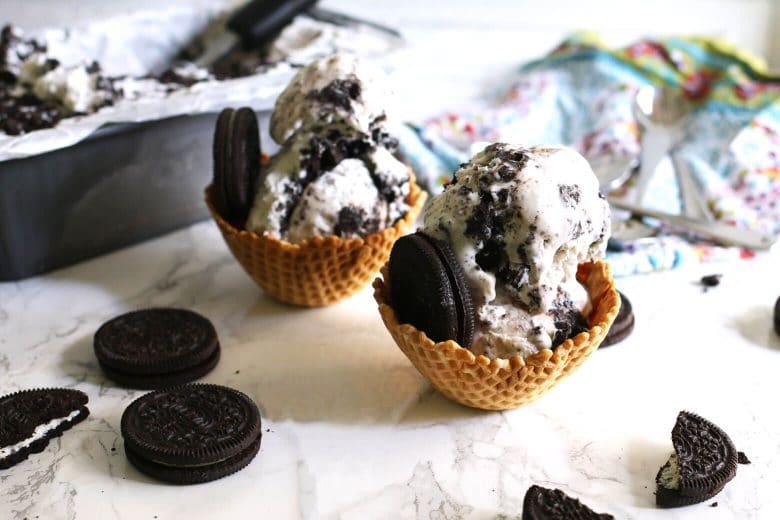 two waffle cups with no churn cookies and cream ice cream