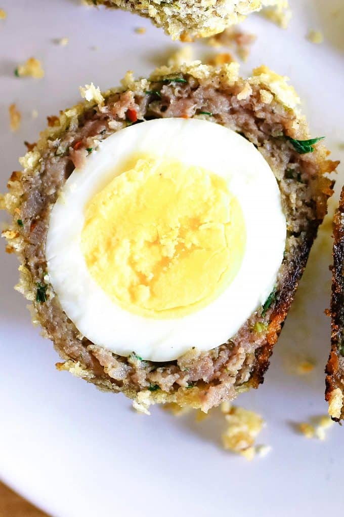 up close photo of cut open baked scotch eggs