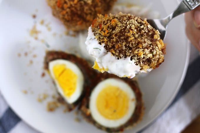 These baked scotch eggs are the perfect party appetizer! Serve them with my shallot yogurt dip; your guests will definitely come back for more! | honeyandbirch.com