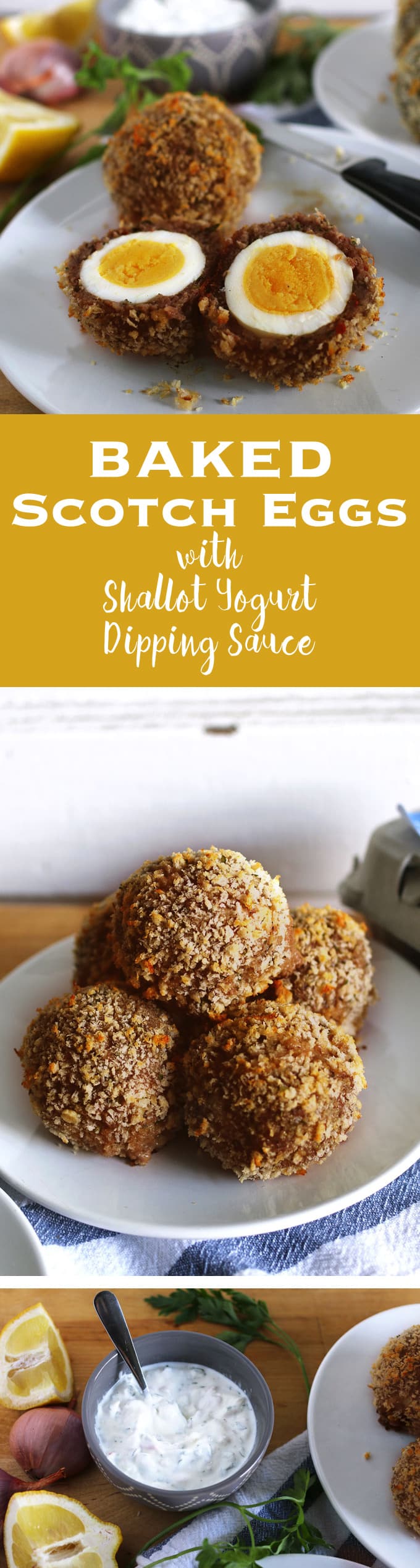 These baked scotch eggs are the perfect party appetizer! Serve them with my shallot yogurt dip; your guests will definitely come back for more! | honeyandbirch.com