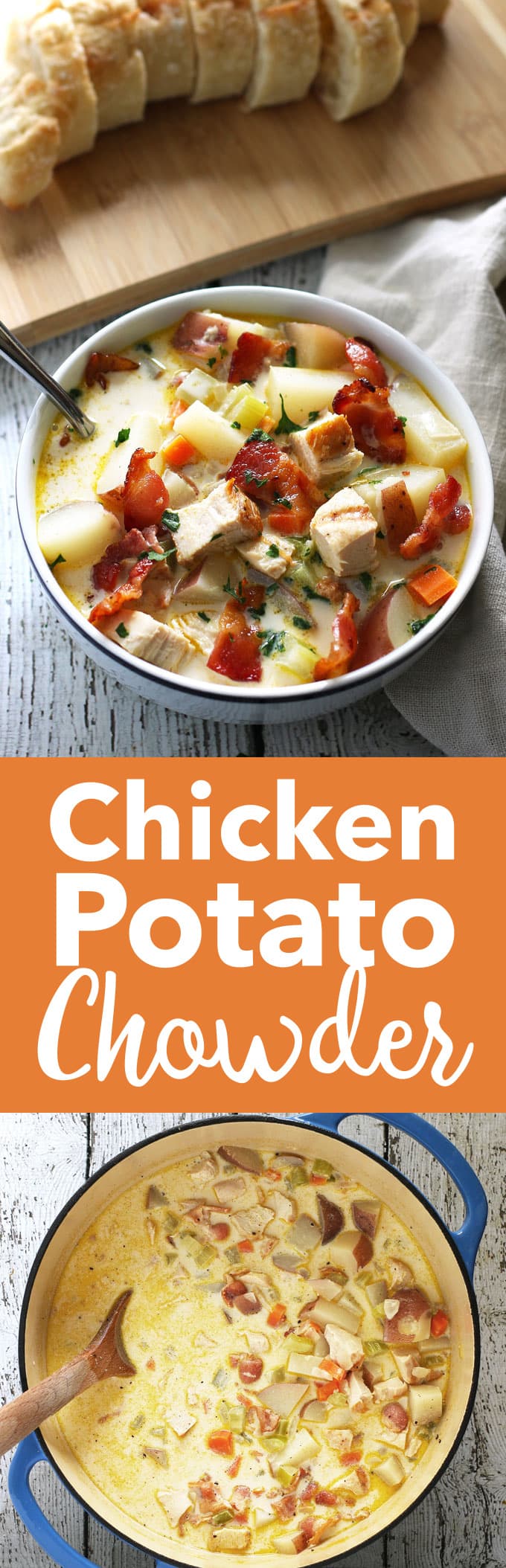 This chicken potato chowder is great for using up leftover grilled chicken breasts. It is easy to make and super tasty thanks to added bacon. | honeyandbirch.com