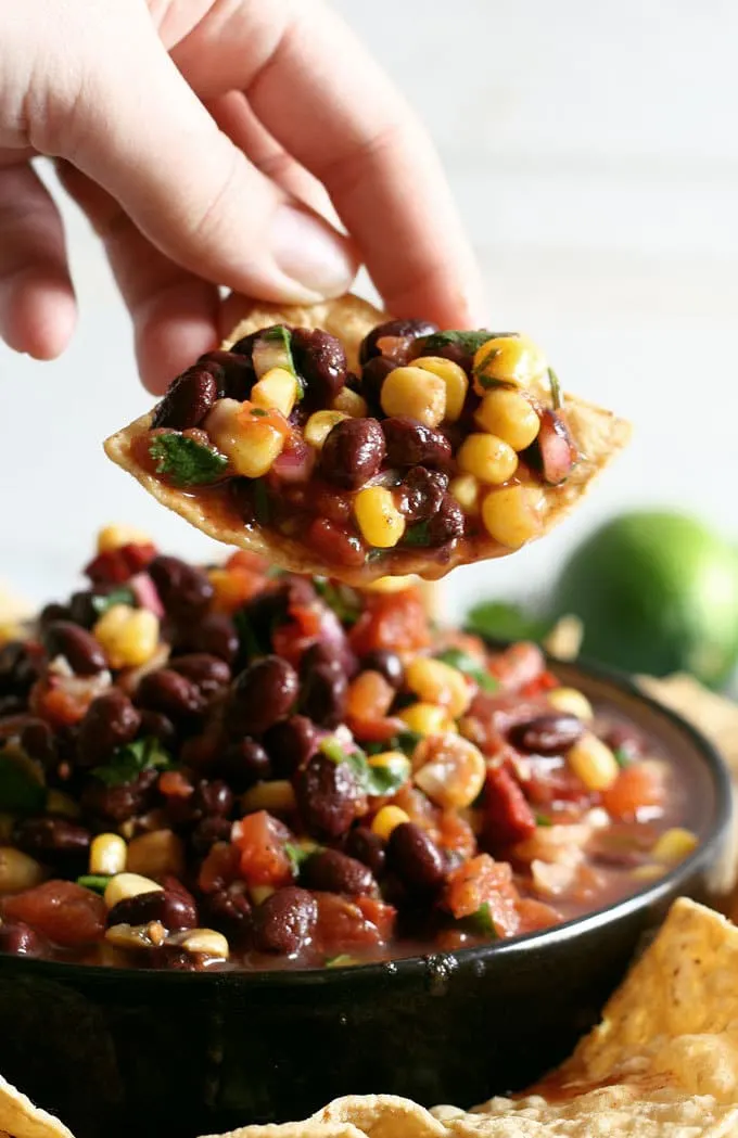 no cook corn black bean salsa on a chip