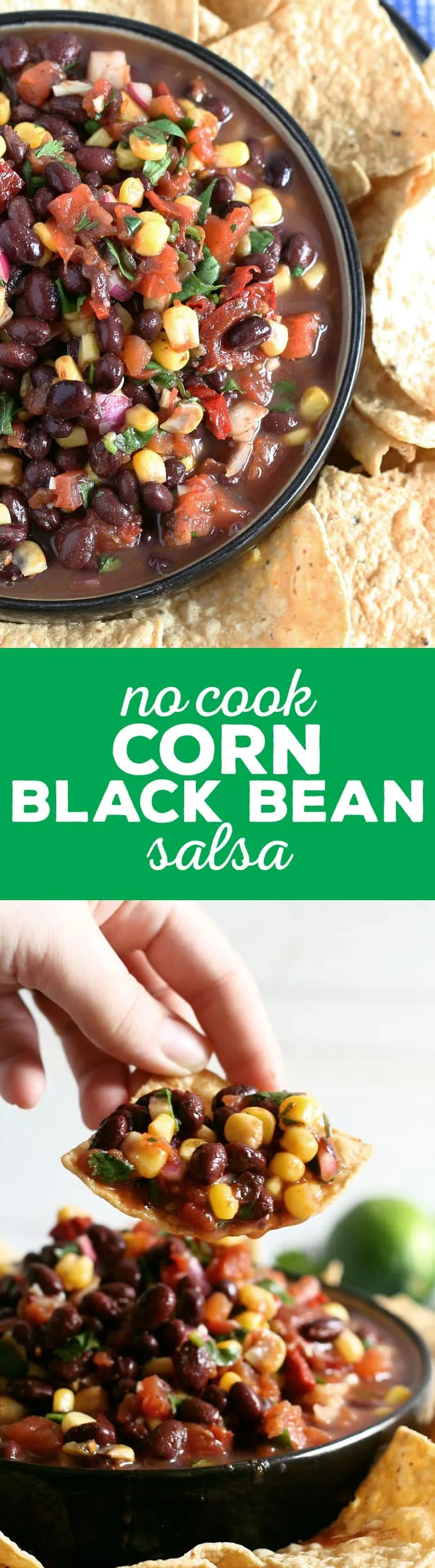 My no cook corn black bean salsa recipe takes 10 minutes to make and is perfect for parties, tailgating and holidays. Make this your new favorite quick appetizer! | honeyandbirch.com