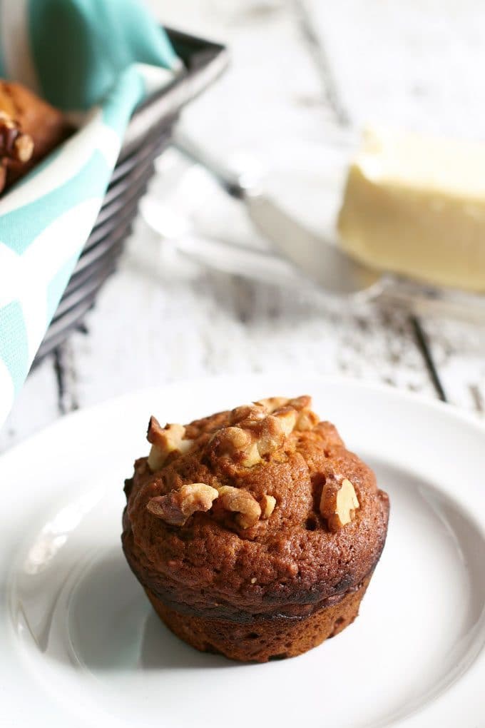 These pumpkin nut muffins are perfect when you are looking for a tasty fall breakfast! They are a great alternative to traditional banana nut muffins and are easy to make. | honeyandbirch.com