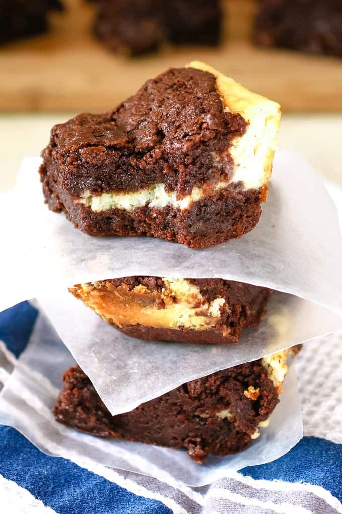 three cream cheese brownies stacked