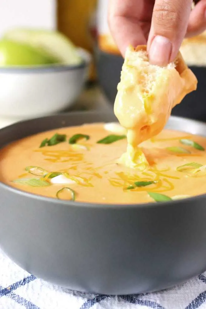 This hot beer cheese dip is perfect for football parties. Serve it in your slow cooker or fondue pot to keep it bubbling hot. Some bread chunks, apple slices, chips and carrots are the perfect dippers for this easy dip recipe. If want to make beer cheese dip, this is the recipe for you!  | honeyandbirch.com