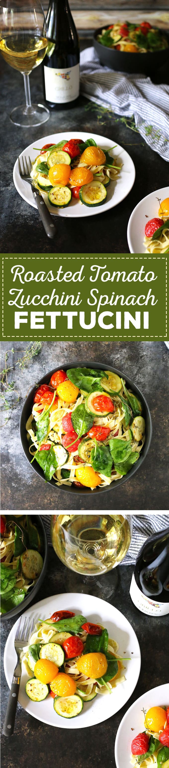 This roasted tomato zucchini spinach fettucini recipe is the perfect way to use your farmer’s market purchases and end-of-summer garden’s bounty. Pair it with a glass of Grillo for the perfect weeknight dinner! | honeyandbirch.com