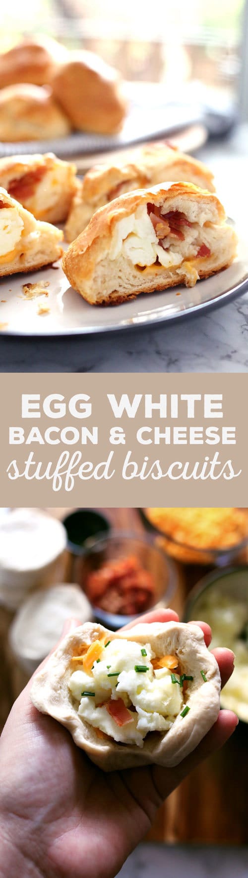 These egg white bacon cheese stuffed biscuits are delicious and so easy to make! They are the perfect grab-and-go breakfast for busy mornings. | honeyandbirch.com