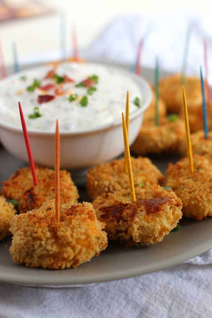 baked loaded mashed potato tater tots and creamy loaded potato dipping sauce
