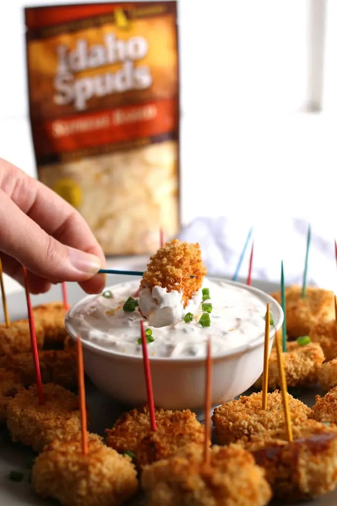 baked loaded mashed potato tater tots into my creamy loaded potato dipping sauce