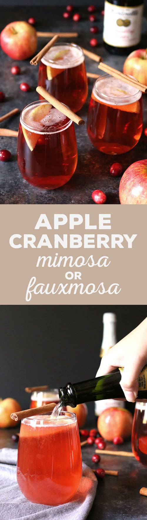 This apple cinnamon cranberry mimosa is the perfect easy holiday drink. It's main ingredient is sparkling apple cider so it can also be made into a fauxmosa! | honeyandbirch.com