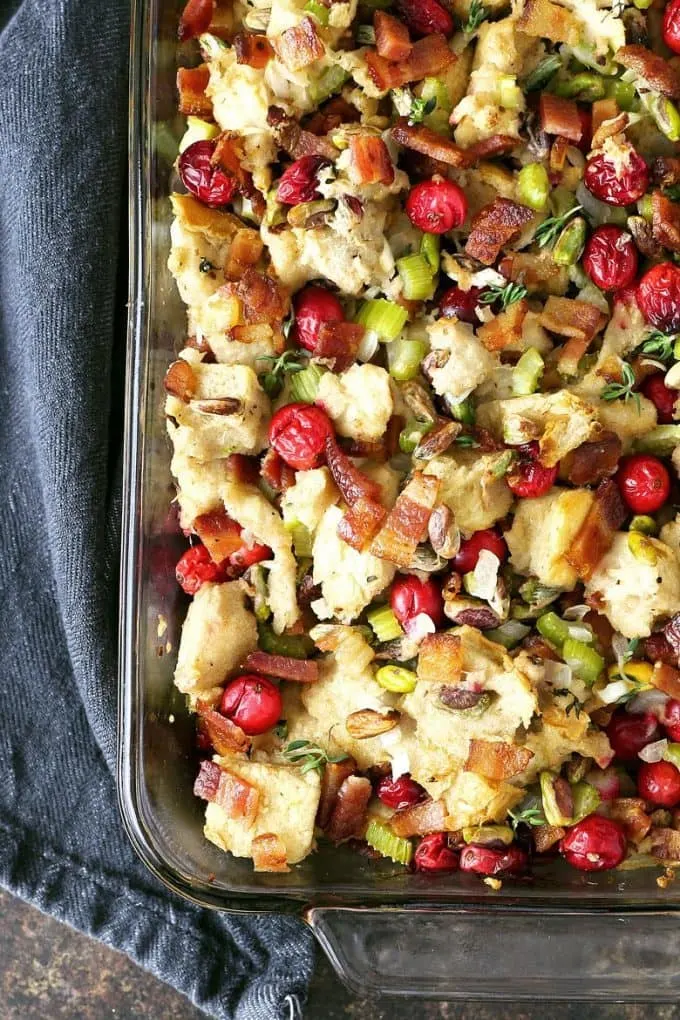 Homemade bacon cranberry pistachio dressing in a casserole dish