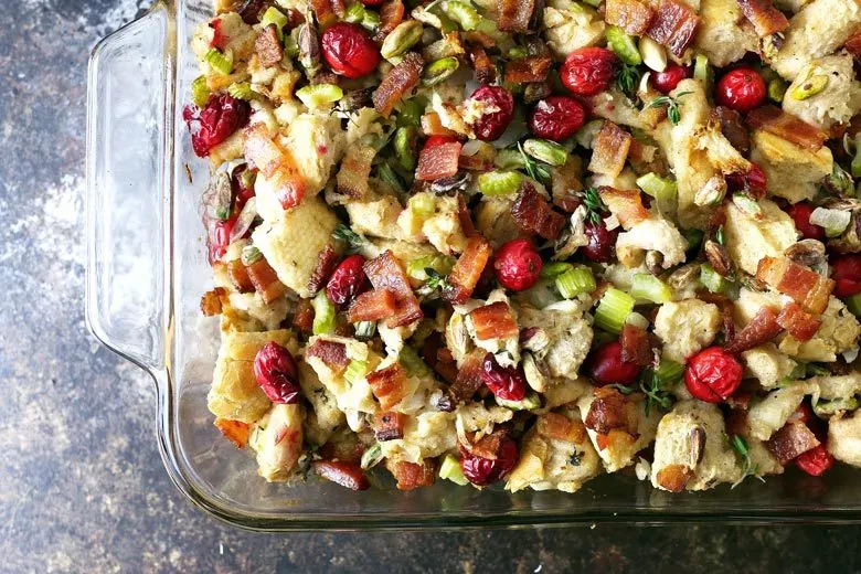 Homemade bacon cranberry pistachio dressing overhead