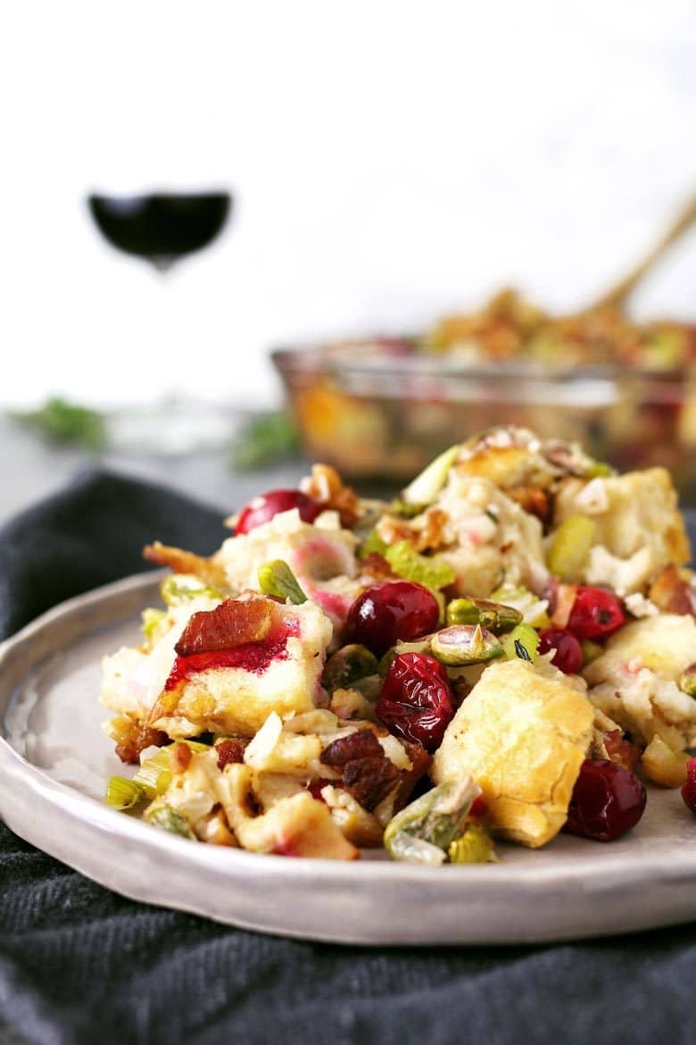 Homemade bacon cranberry pistachio dressing on a plate