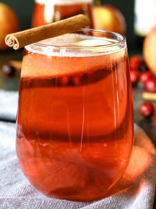 one cranberry apple cider mimosa with a cinnamon stick garnish