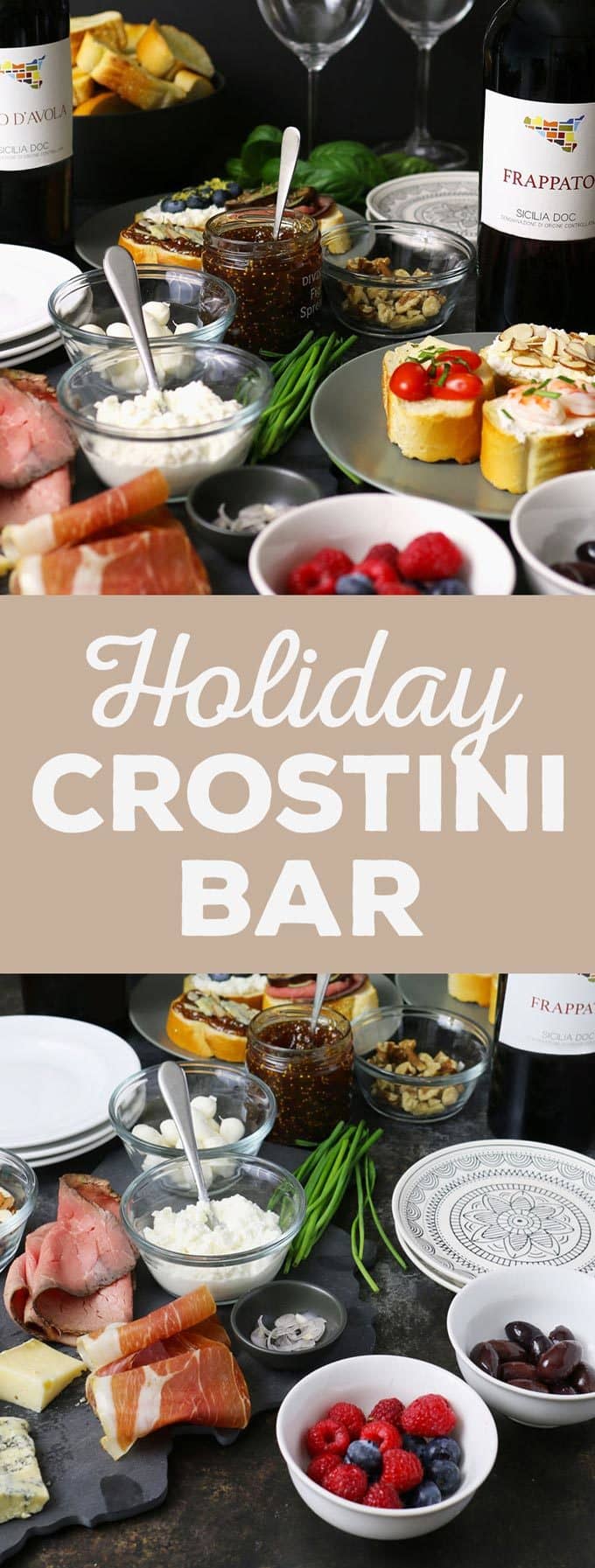Include a holiday crostini bar at all of your holiday parties this year! These 12 3-ingredient crostini recipes are easy to make and pair perfectly with Nero d'Avola and Frappato wines. | honeyandbirch.com
