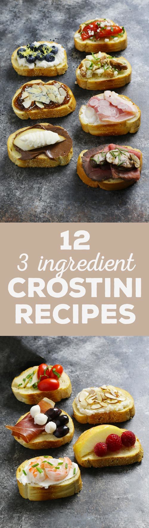 Include a holiday crostini bar at all of your holiday parties this year! These 12 3-ingredient crostini recipes are easy to make! | honeyandbirch.com
