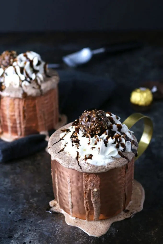 nutella ferrero rocher milkshake in a copper mug
