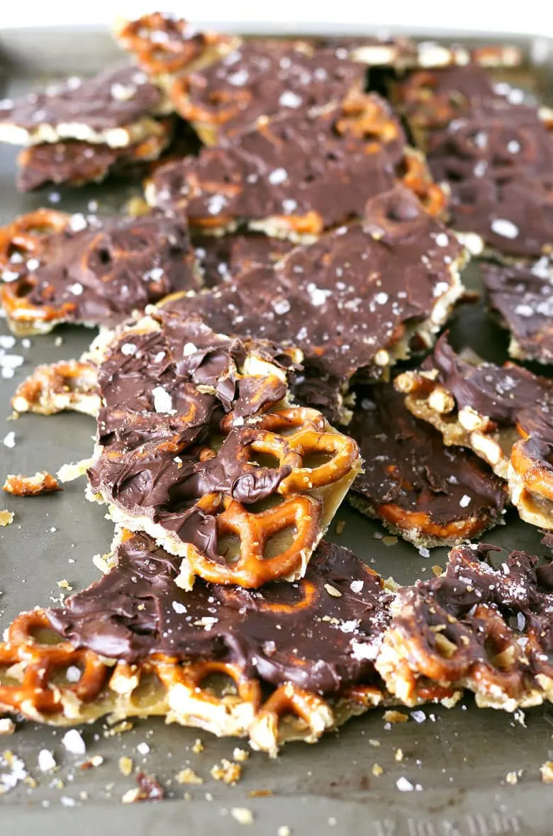 Salted caramel chocolate pretzel bark broken into pieces