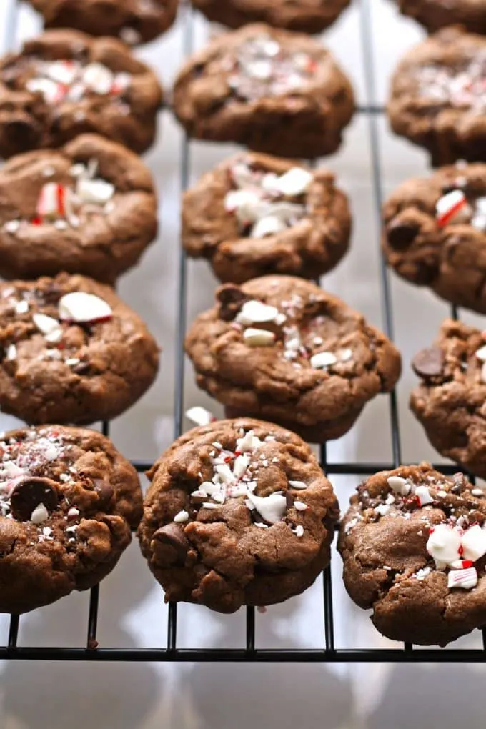 double peppermint chocolate chip cookies on a cooling rack