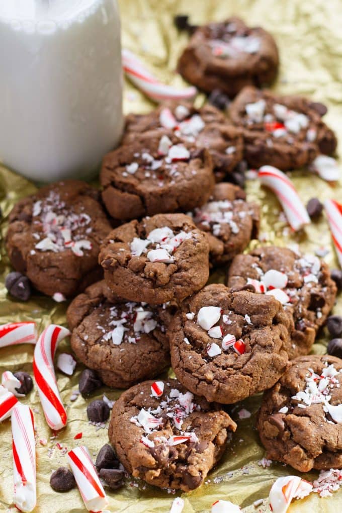 double peppermint chocolate chip cookies and milk