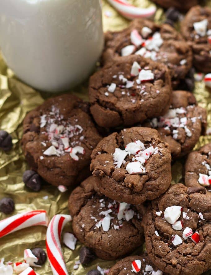 double peppermint chocolate chip cookies in a pile