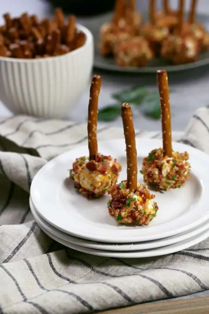 3 mini bacon ranch cheese balls with pretzel sticks