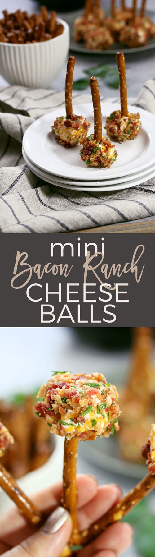 This mini bacon ranch cheese ball recipe is so easy to make and delicious! If you’re looking for game day recipes, this is the perfect appetizer! | honeyandbirch.com