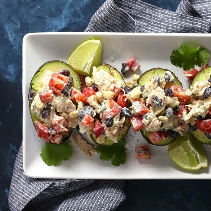 overhead photo of southwest chicken salad stuffed avocados