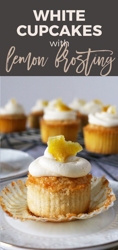 These white cupcakes with lemon frosting are filled with lemon curd and topped with candied lemon peel. They're the perfect sweet treat! This homemade cupcake recipe is easy to make and you can't go wrong with a filled cupcake topped with a fancy decoration!