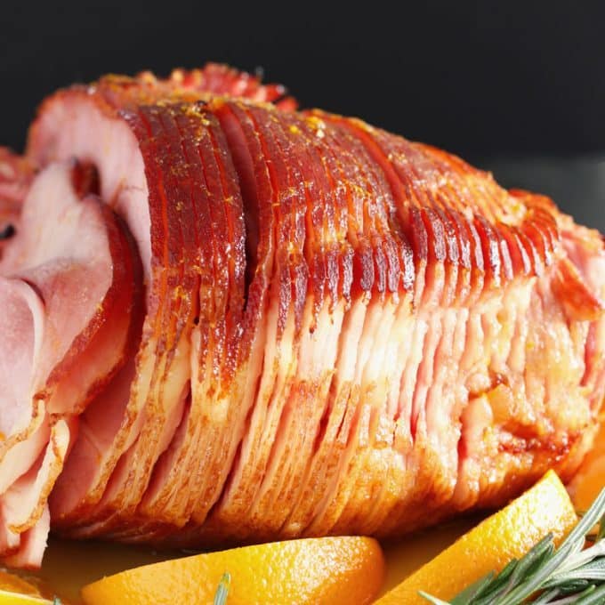 closeup photo of orange honey ham