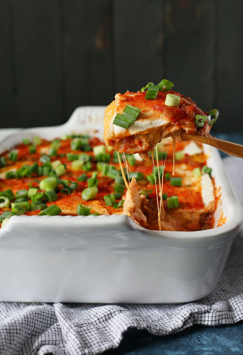 Bean burrito casserole being served