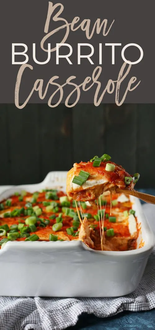 This bean burrito casserole is the perfect weeknight vegetarian freezer meal. Pull the casserole dish out of the freezer and defrost it during the day. Pop it in the oven after work and have dinner on the table in just 30 minutes!